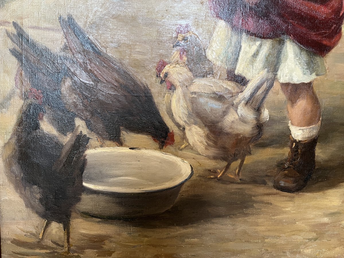Tableau d' une enfant nourrissant ses poules-photo-3