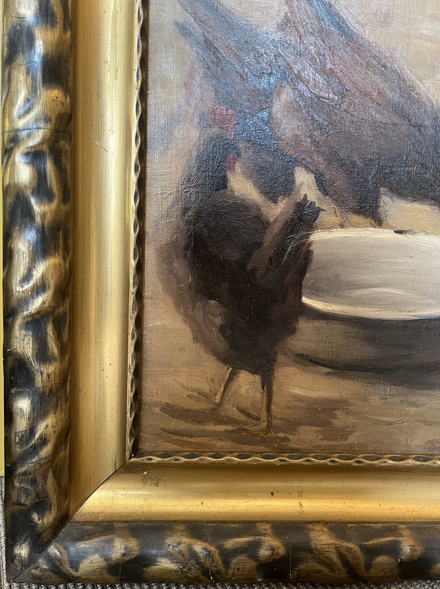 Tableau d' une enfant nourrissant ses poules-photo-4