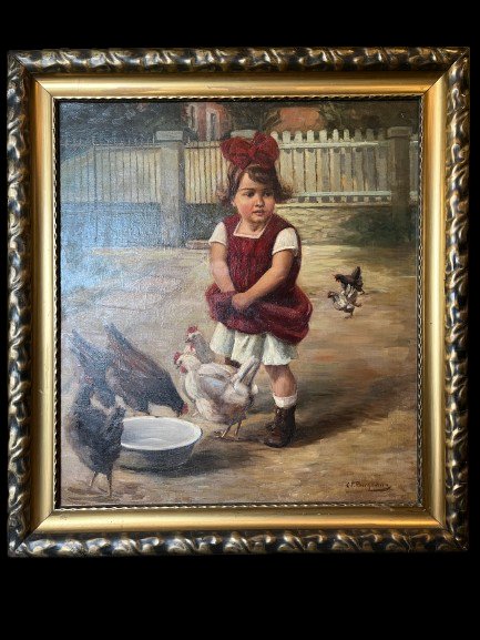 Tableau d' une enfant nourrissant ses poules