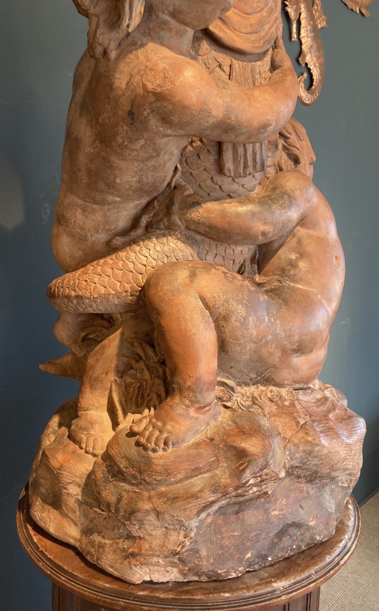 Terre cuite de fontaine "Amours au dauphin"-photo-1