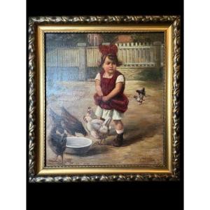 Painting Of A Girl Feeding Her Chickens