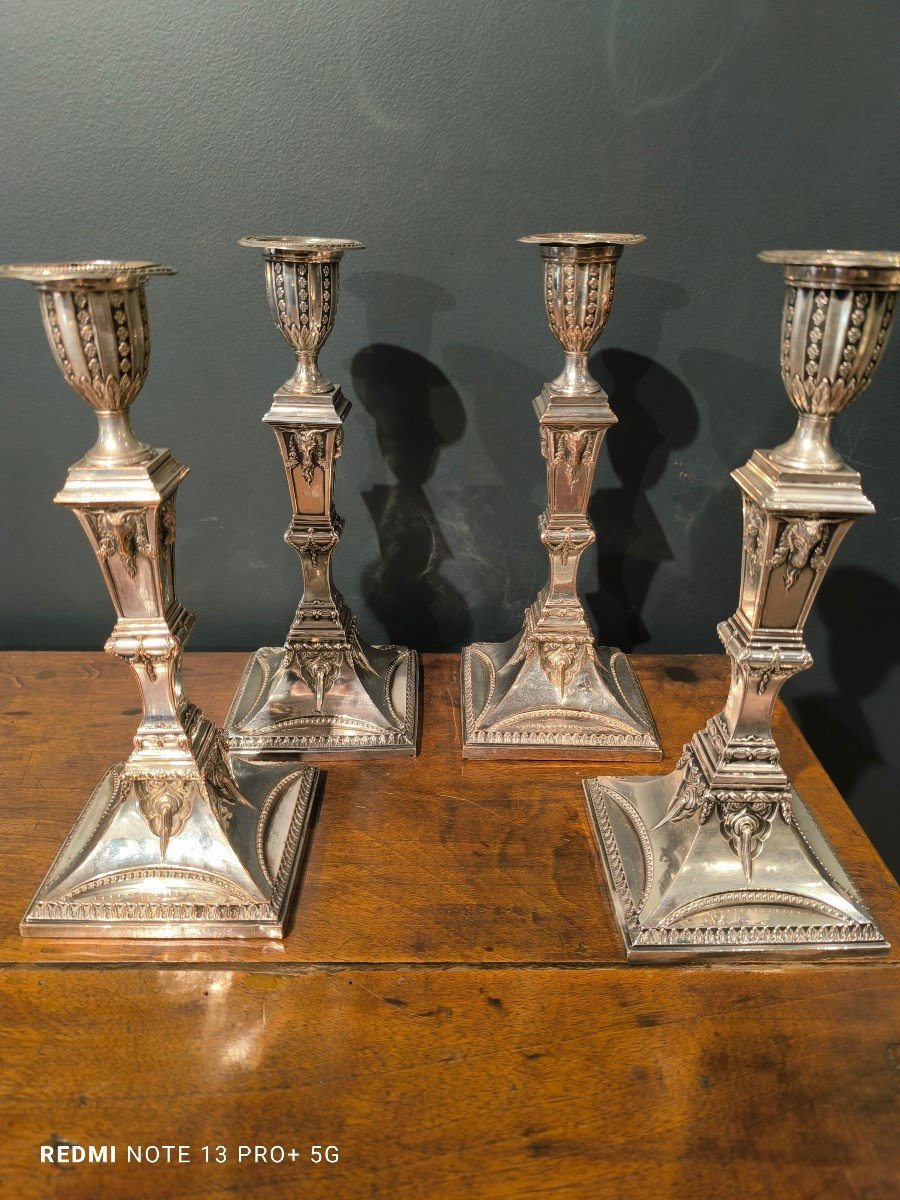 Set Of Four English Silver-plated Candlesticks, 19th Century