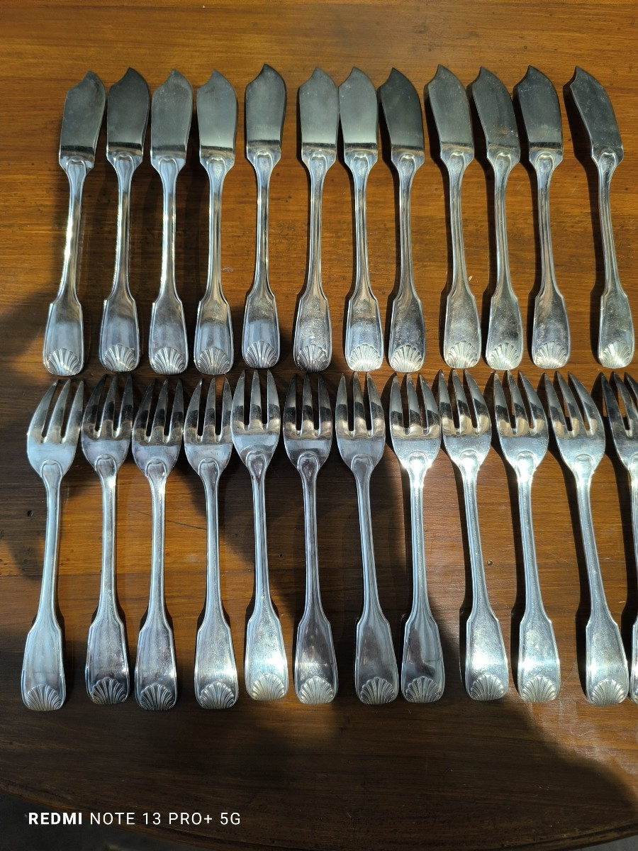 Large 95-piece Silver Metal Cutlery Set And 12 Fish Cutlery + Oak Box-photo-3