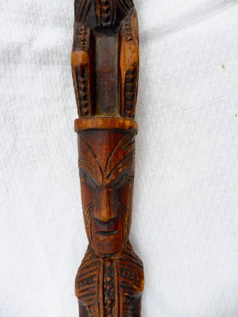 Canne Maori de Nouvelle-Zélande Quatre  Figures de Tiki Sculptées avec des Yeux en Ormeau et nacre fin XIXème début XXème -photo-5