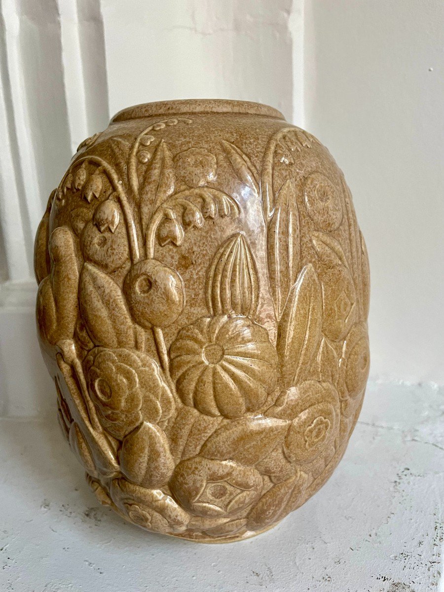 Mougin Frères Nancy Sandstone Vase Brown Beige Art Deco Birds And Flowers Chevalier Decorator For La Maitrise French Art Déco Circa 1930-photo-3