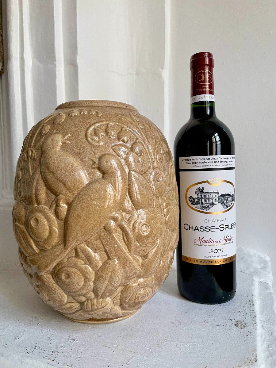 Mougin Frères Nancy Sandstone Vase Brown Beige Art Deco Birds And Flowers Chevalier Decorator For La Maitrise French Art Déco Circa 1930-photo-1
