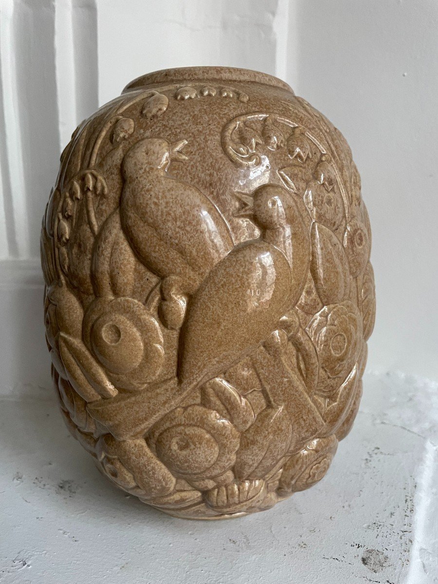 Mougin Frères Nancy Sandstone Vase Brown Beige Art Deco Birds And Flowers Chevalier Decorator For La Maitrise French Art Déco Circa 1930-photo-2