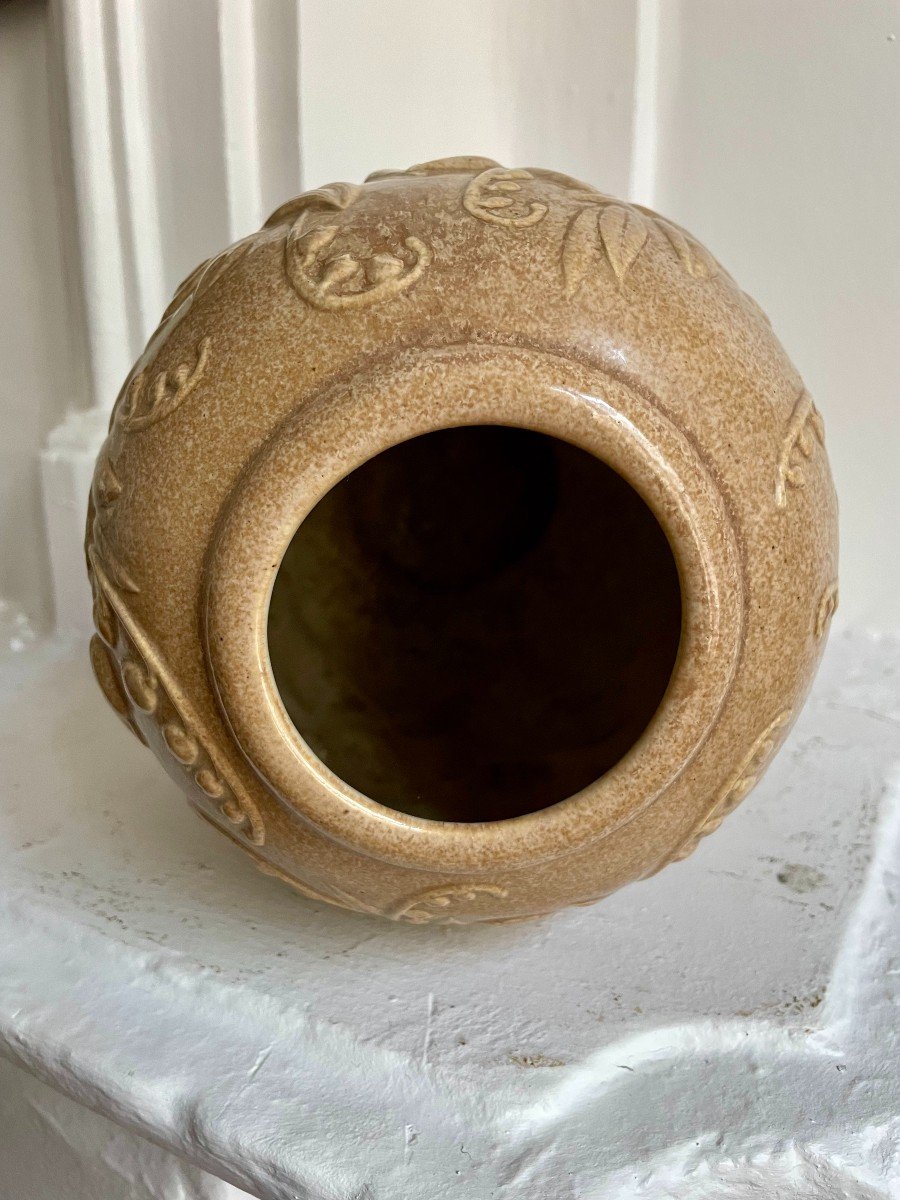 Mougin Frères Nancy Sandstone Vase Brown Beige Art Deco Birds And Flowers Chevalier Decorator For La Maitrise French Art Déco Circa 1930-photo-5