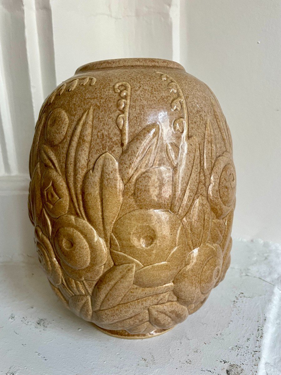 Mougin Frères Nancy Sandstone Vase Brown Beige Art Deco Birds And Flowers Chevalier Decorator For La Maitrise French Art Déco Circa 1930-photo-6