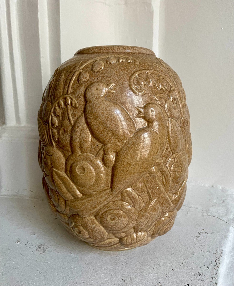 Mougin Frères Nancy Sandstone Vase Brown Beige Art Deco Birds And Flowers Chevalier Decorator For La Maitrise French Art Déco Circa 1930-photo-7
