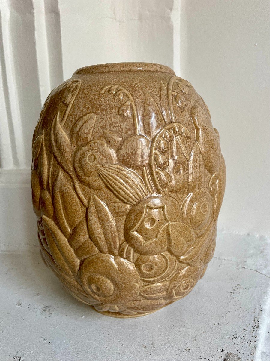 Mougin Frères Nancy Sandstone Vase Brown Beige Art Deco Birds And Flowers Chevalier Decorator For La Maitrise French Art Déco Circa 1930-photo-8