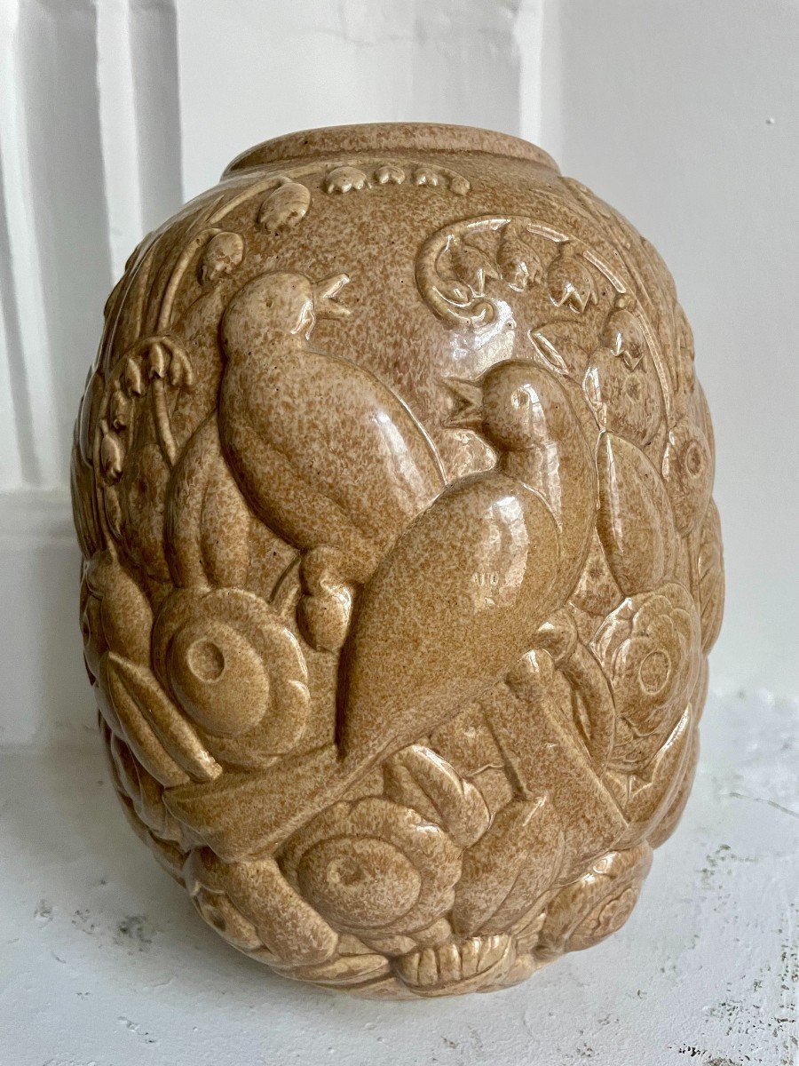 Mougin Frères Nancy Sandstone Vase Brown Beige Art Deco Birds And Flowers Chevalier Decorator For La Maitrise French Art Déco Circa 1930