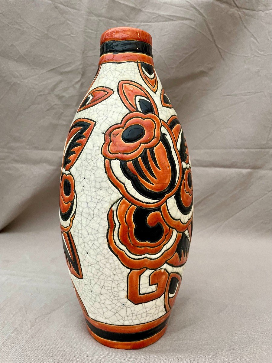 Charles Catteau (1880-1966)  Vase Ovoïde Boch Keramis en émaux à décor de Fleurs Art Déco Stylisées. Décor 1173 27,5 cm -photo-3