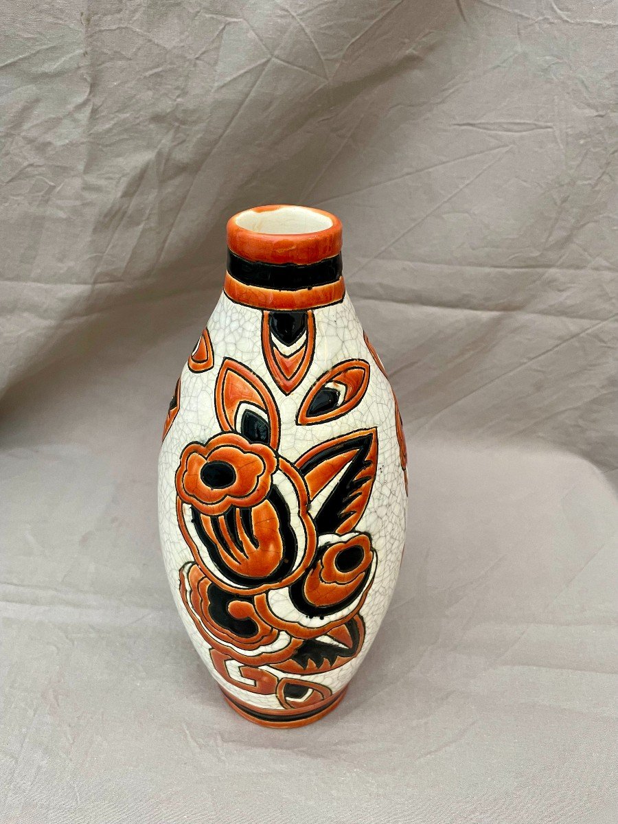 Charles Catteau (1880-1966)  Vase Ovoïde Boch Keramis en émaux à décor de Fleurs Art Déco Stylisées. Décor 1173 27,5 cm -photo-3