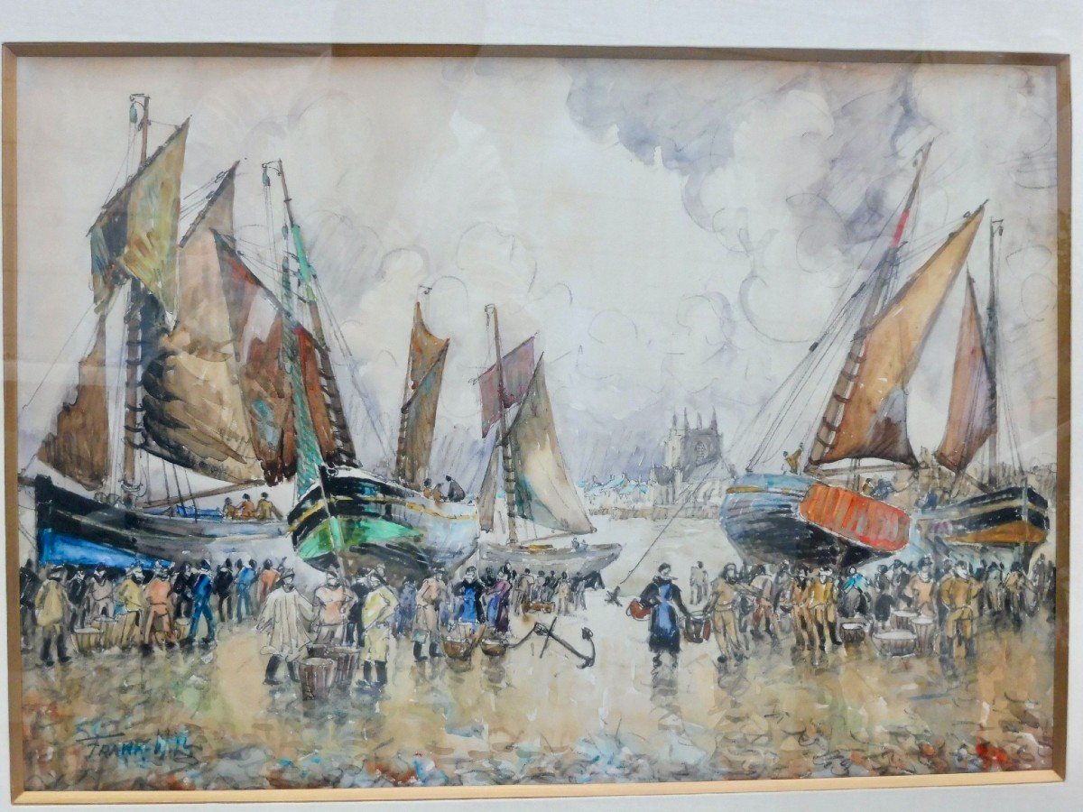 Frank Will 1900-1950 fils  de Boggs Frank William Aquarelle sur papier Cri&eacute;e sur le  Port de Barfleur Normandie circa 1930 Marine 38X54 cm 