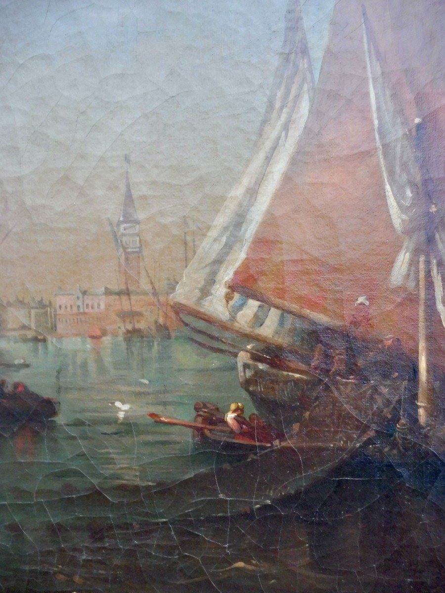 Suiveur de Felix Ziem (1821-1911) l'Arrivée en Voiliers devant Venise Huile Sur Toile, 54x65 Cm XIXème 19ème Félix Ziem  Marine -photo-3