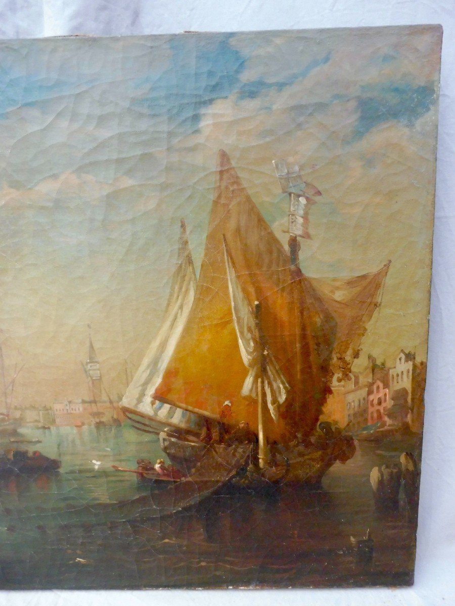 Suiveur de Felix Ziem (1821-1911) l'Arrivée en Voiliers devant Venise Huile Sur Toile, 54x65 Cm XIXème 19ème Félix Ziem  Marine -photo-2