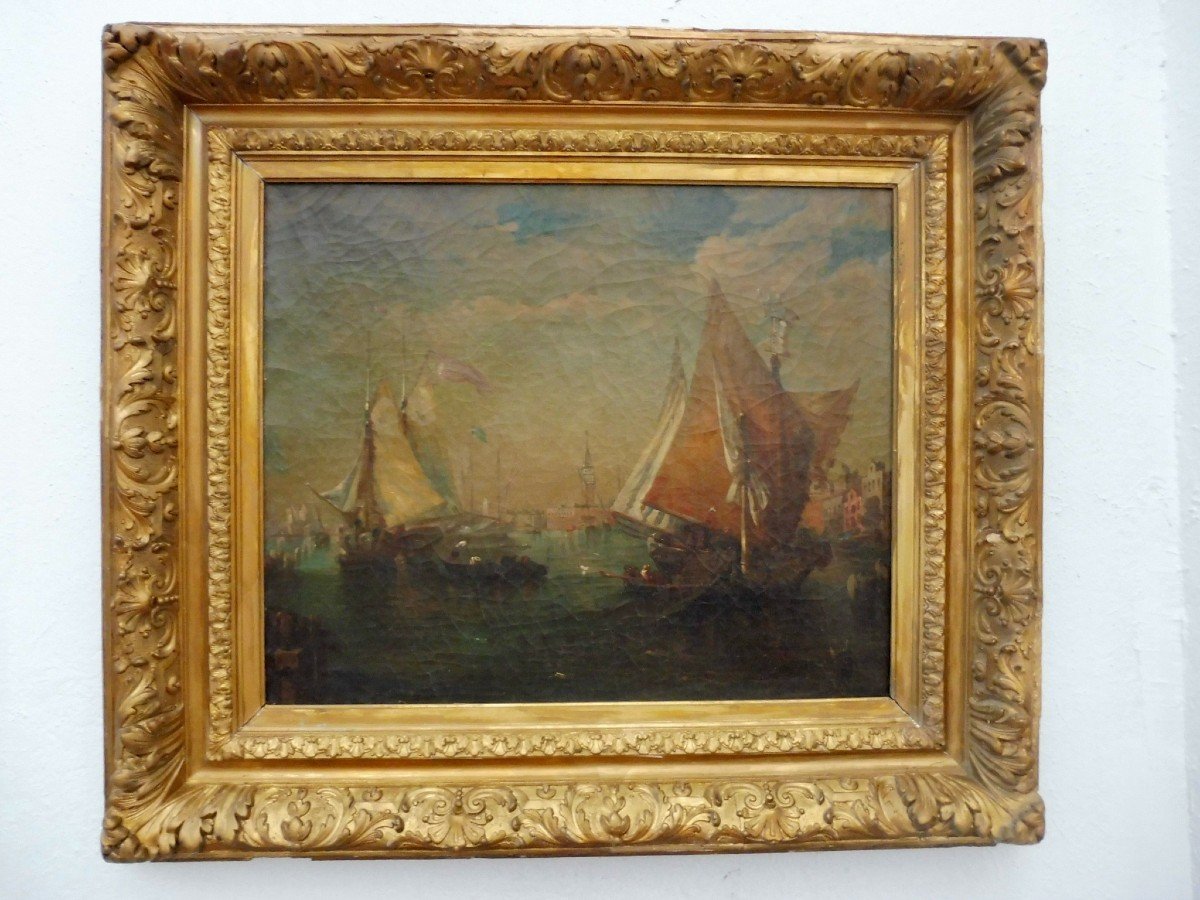 Suiveur de Felix Ziem (1821-1911) l'Arrivée en Voiliers devant Venise Huile Sur Toile, 54x65 Cm XIXème 19ème Félix Ziem  Marine -photo-3