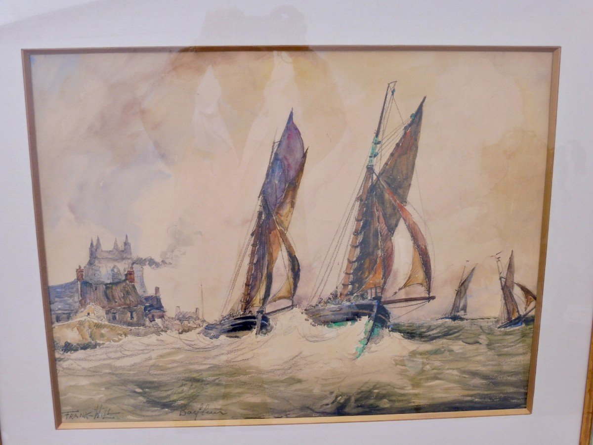 Frank Will 1900-1950 fils  de Boggs Frank William Aquarelle sur papier régates à voiliers régate à  Barfleur Normandie circa 1930 Marine 66X80 cm -photo-7