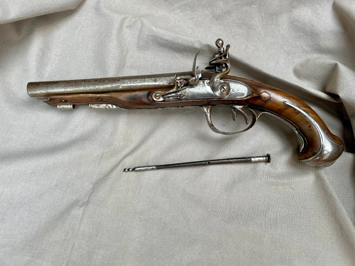 Pistolet d'arçon à double silex de voyage ou de carrosse. Canons juxtaposés baguette d'origine Louis XV  Louis XVI France XVIIIème 33 cm B.E 18ème -photo-2