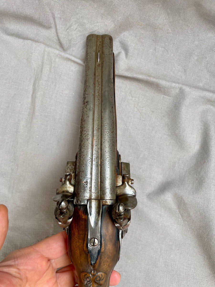 Pistolet d'arçon à double silex de voyage ou de carrosse. Canons juxtaposés baguette d'origine Louis XV  Louis XVI France XVIIIème 33 cm B.E 18ème -photo-2
