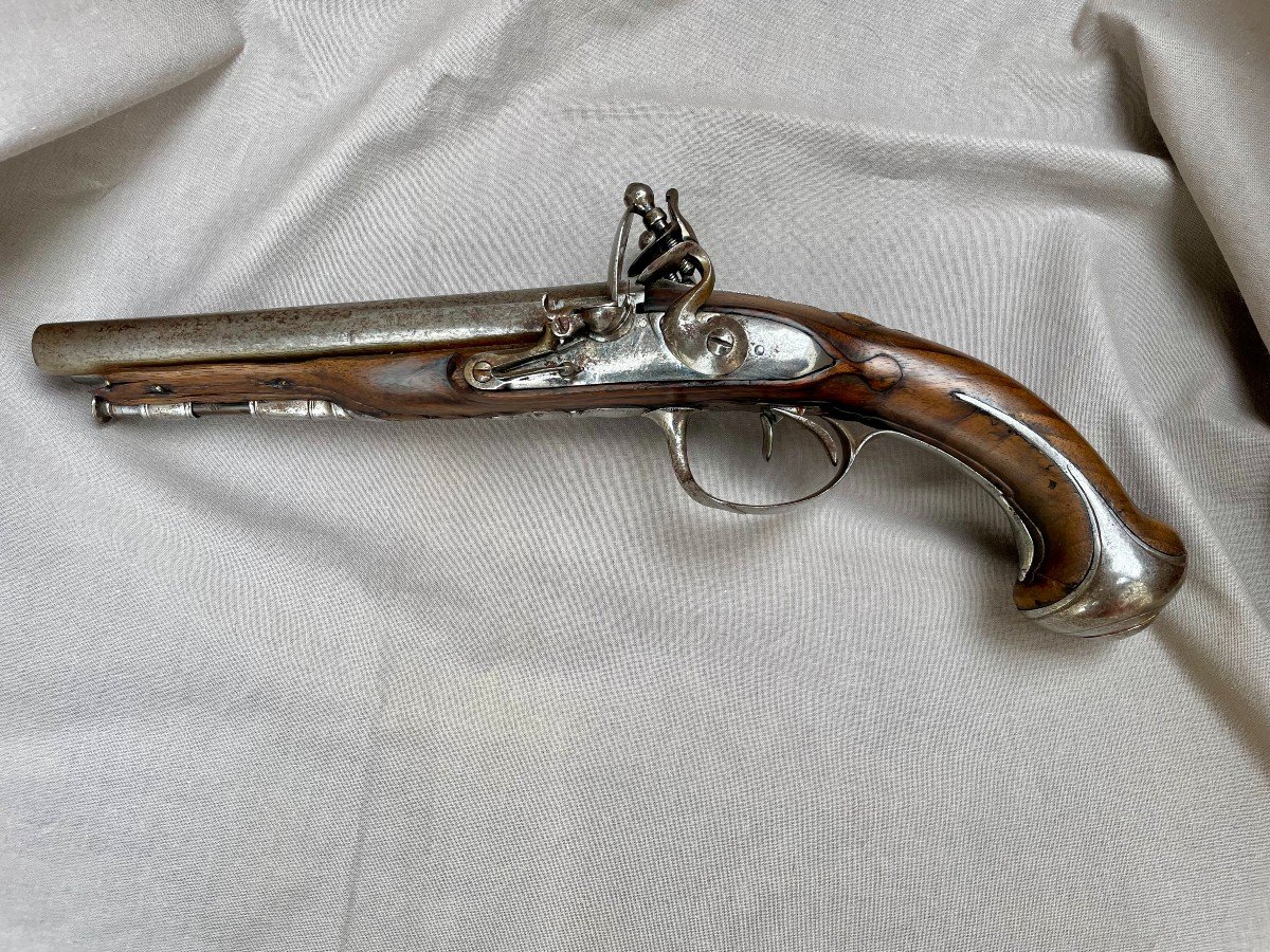 Pistolet d'arçon à double silex de voyage ou de carrosse. Canons juxtaposés baguette d'origine Louis XV  Louis XVI France XVIIIème 33 cm B.E 18ème -photo-3