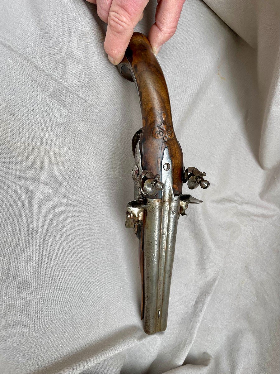 Pistolet d'arçon à double silex de voyage ou de carrosse. Canons juxtaposés baguette d'origine Louis XV  Louis XVI France XVIIIème 33 cm B.E 18ème -photo-6