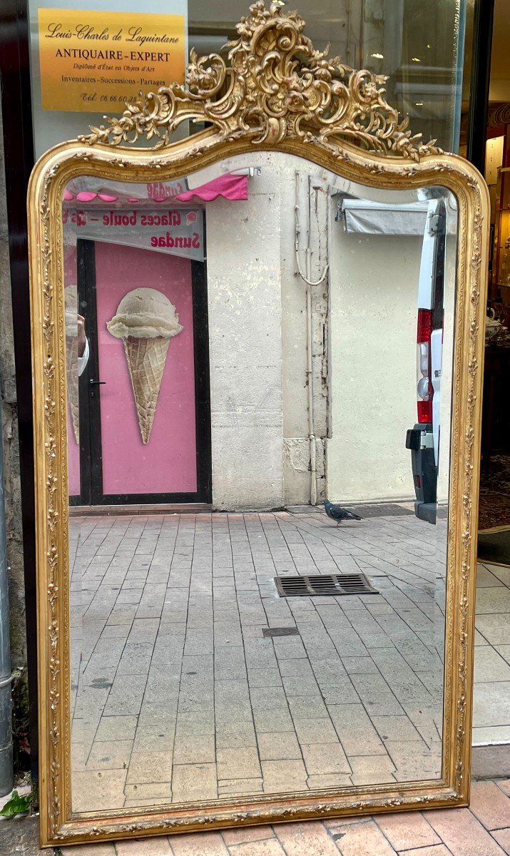 Miroir Glace de Cheminée Napoléon III XIXème 19ème Fronton style Rocaille stuc doré Louis XV 185 X 102 Cm  -photo-2