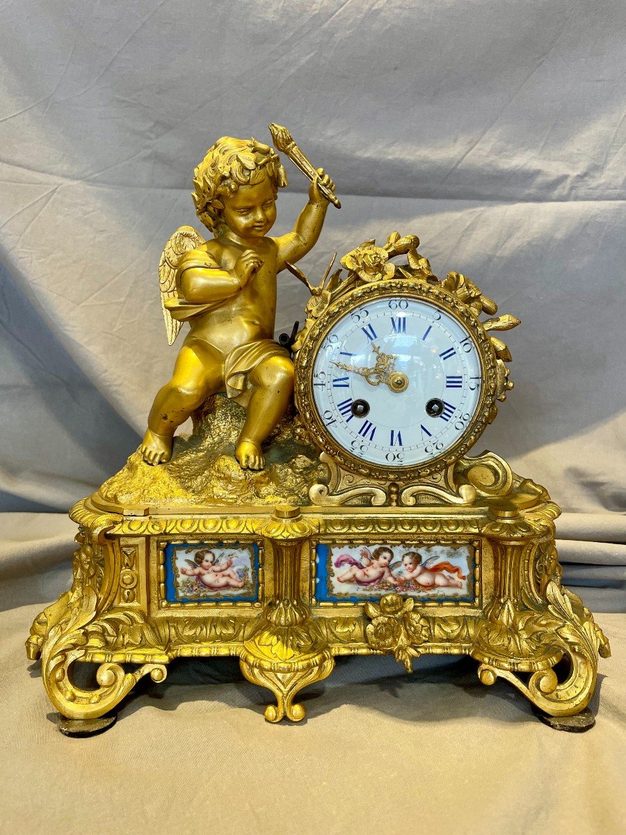 Napoleon III Bronze And Porcelain Mantelpiece Angel Chasing Butterflies Signed Rollin-photo-2
