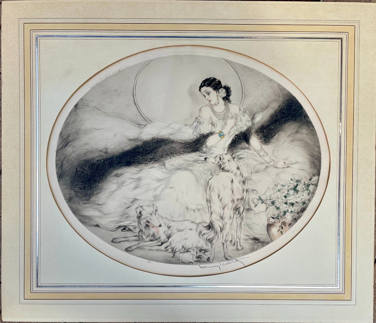 Louis Icart (1888 - 1950) "lady With Camellias" Circa 1927 Art Deco Oval Lithograph