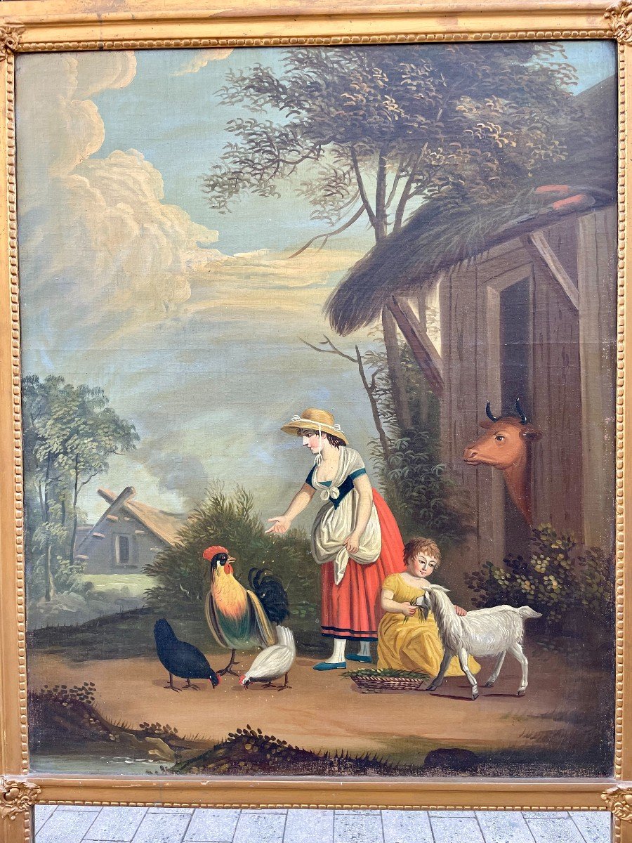 Trumeau de Cheminée époque Romantique Circa 1840 Louis Philippe Charles X Restauration Jeune Femme et  Fillette dans une cour de ferme nourissant les animaux XIXème 19ème  152 X86 cm -photo-3