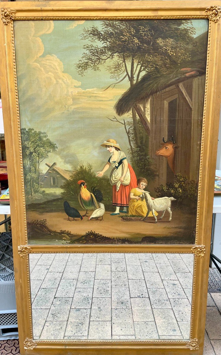 Trumeau de Cheminée époque Romantique Circa 1840 Louis Philippe Charles X Restauration Jeune Femme et  Fillette dans une cour de ferme nourissant les animaux XIXème 19ème  152 X86 cm -photo-7