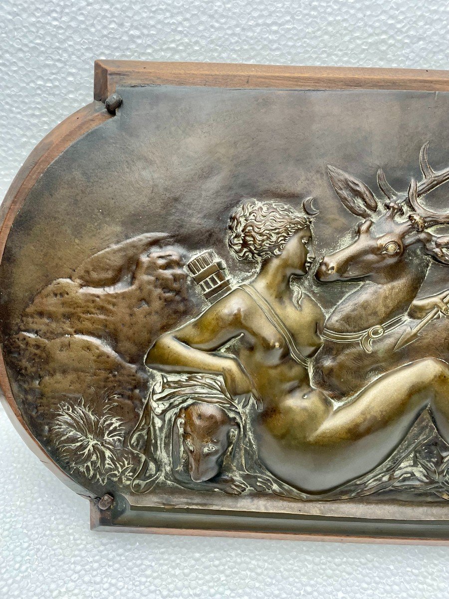 D'après Jean Goujon (1510-1567) plaque en bronze bas-relief Diane chasseresse et Actéon XIXème -photo-2