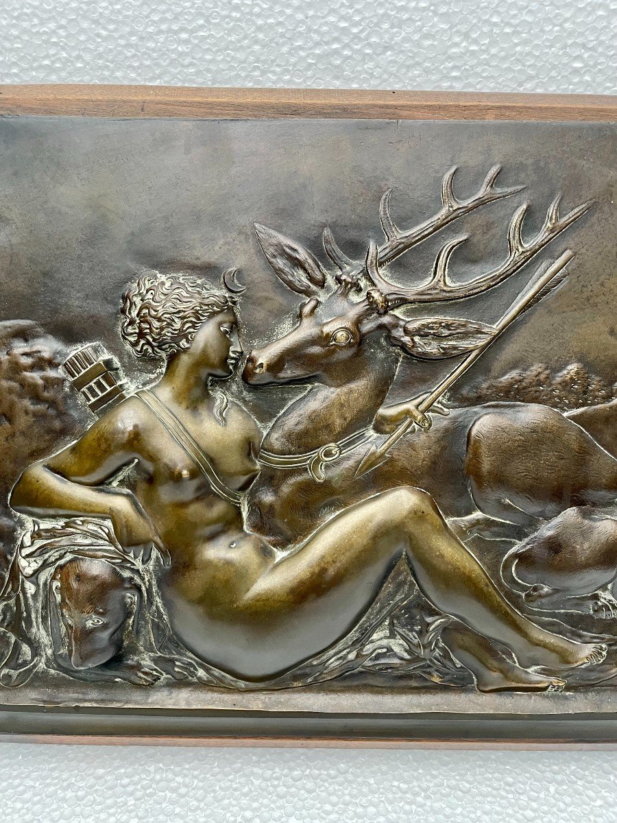 D'après Jean Goujon (1510-1567) plaque en bronze bas-relief Diane chasseresse et Actéon XIXème -photo-3