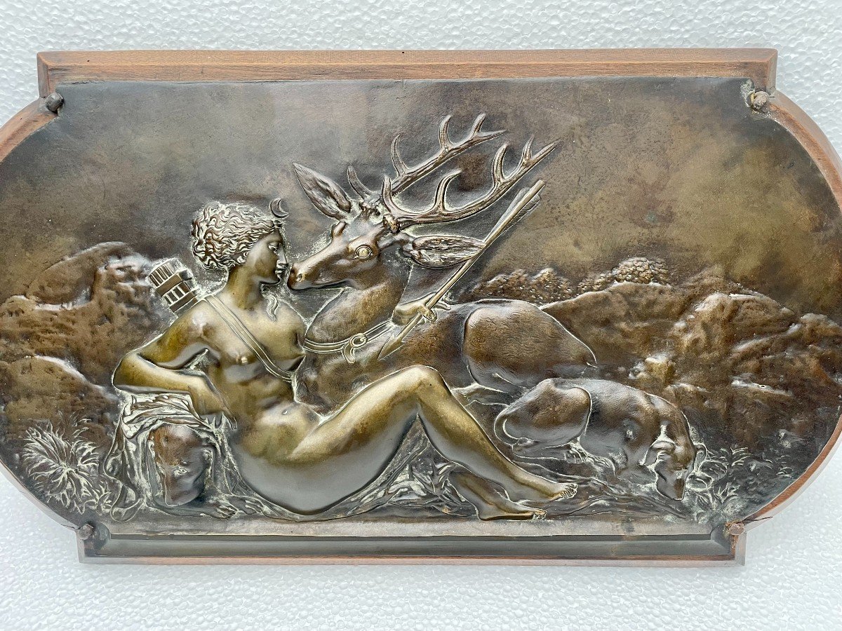 D'après Jean Goujon (1510-1567) plaque en bronze bas-relief Diane chasseresse et Actéon XIXème -photo-8