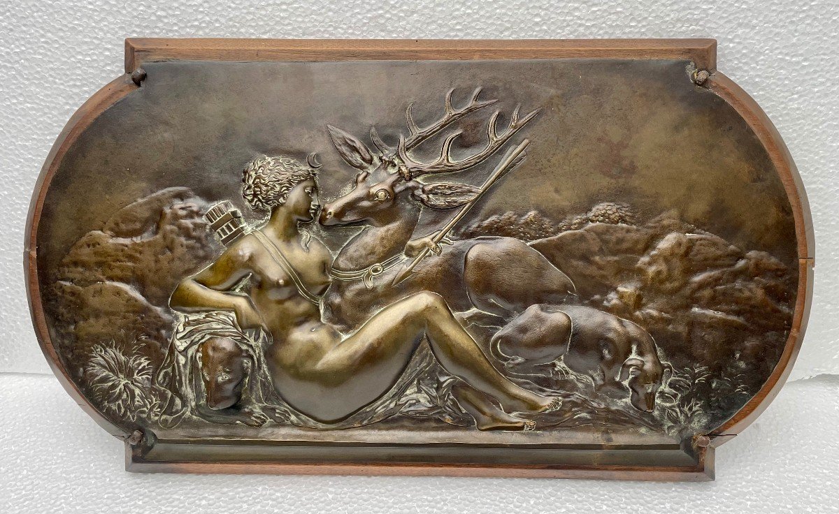 D'après Jean Goujon (1510-1567) plaque en bronze bas-relief Diane chasseresse et Actéon XIXème 