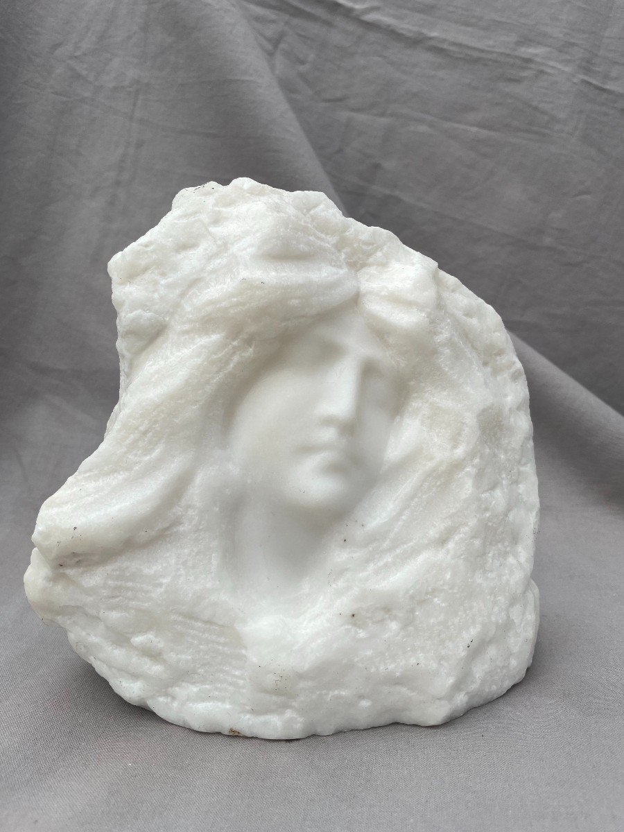 École Française Symboliste Fin XIXème Marbre Taille Directe Tête buste de jeune Femme Rêvant titré "Tessa" 16,5 X 18cm -photo-6