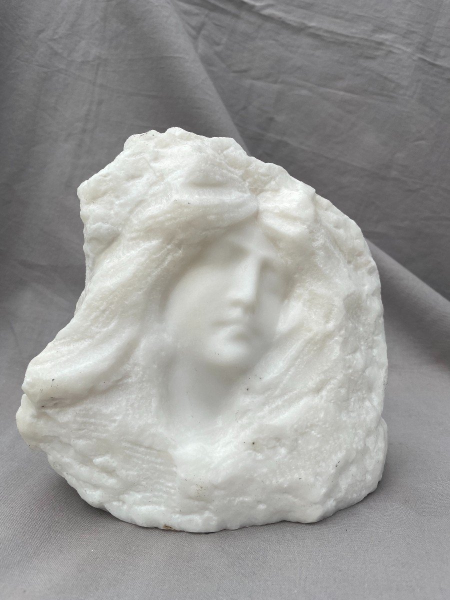 École Française Symboliste Fin XIXème Marbre Taille Directe Tête buste de jeune Femme Rêvant titré "Tessa" 16,5 X 18cm -photo-7