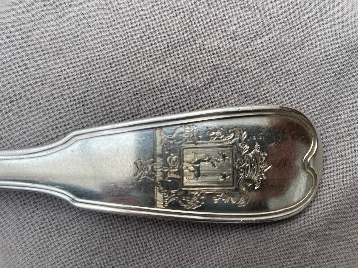 Cuillère à Ragoût ragout en Argent Maître Orfèvre  Pierre-Nicolas Sommé, Paris, 1787 Reçu En 1768 Louis XVI 180gr XVIIIème Blason présumé de Pierre d'Esbardes de Lusson d'Aubeterre et de Jonzac  -photo-7