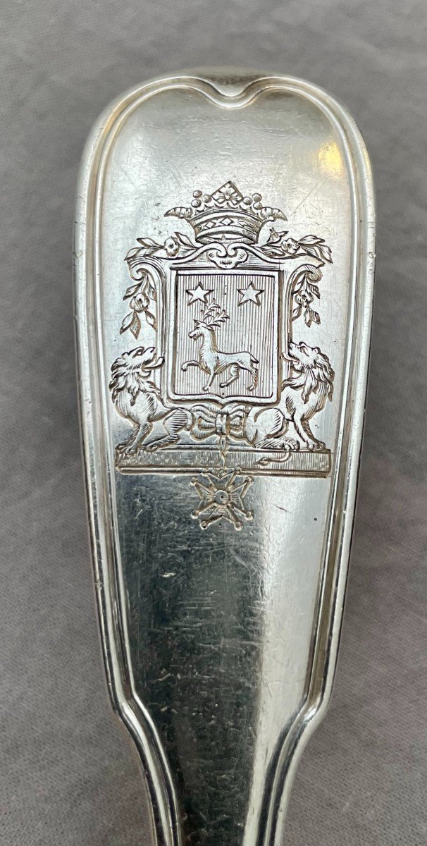 Cuillère à Ragoût ragout en Argent Maître Orfèvre  Pierre-Nicolas Sommé, Paris, 1787 Reçu En 1768 Louis XVI 180gr XVIIIème Blason présumé de Pierre d'Esbardes de Lusson d'Aubeterre et de Jonzac  