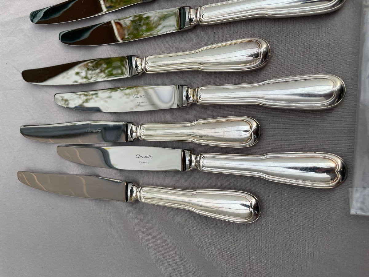 Christofle Set Of 12 Silver Metal Table Knives Chinon Model Stainless Steel Blades 24.5cm -photo-2