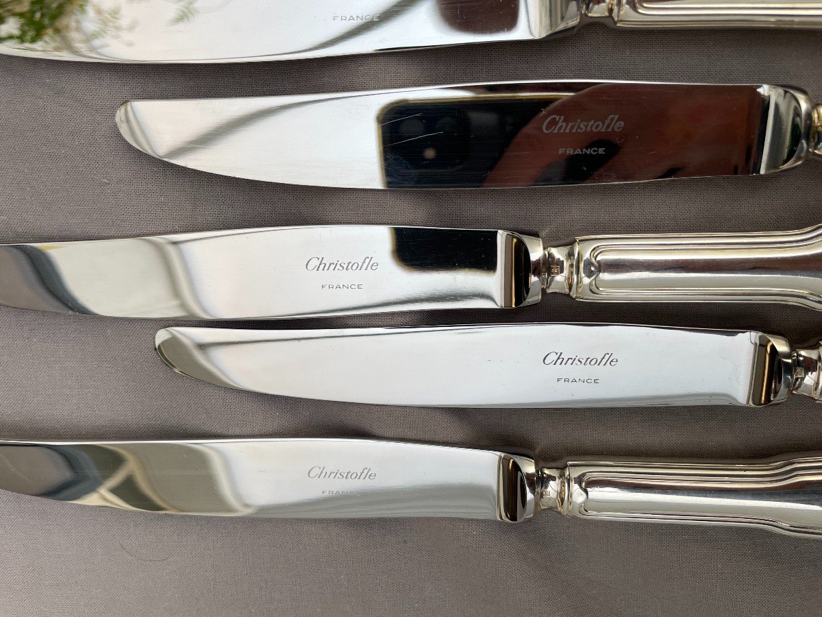 Christofle Set Of 12 Silver Metal Table Knives Chinon Model Stainless Steel Blades 24.5cm -photo-4