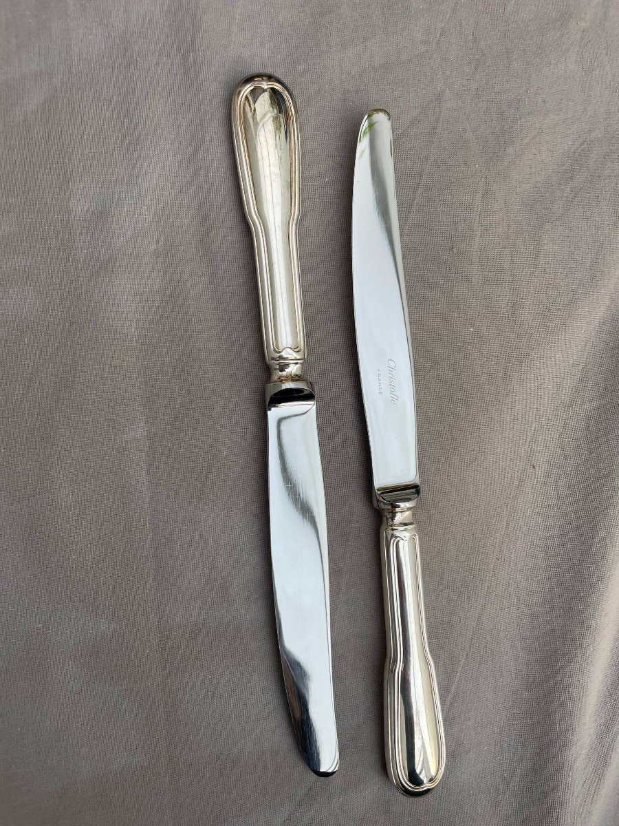 Christofle Set Of 12 Silver Metal Table Knives Chinon Model Stainless Steel Blades 24.5cm -photo-1
