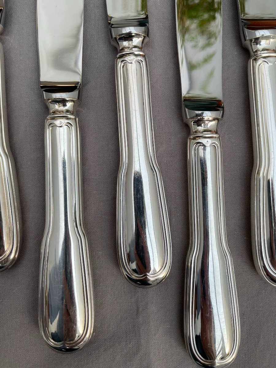 Christofle Set Of 12 Silver Metal Table Knives Chinon Model Stainless Steel Blades 24.5cm -photo-2