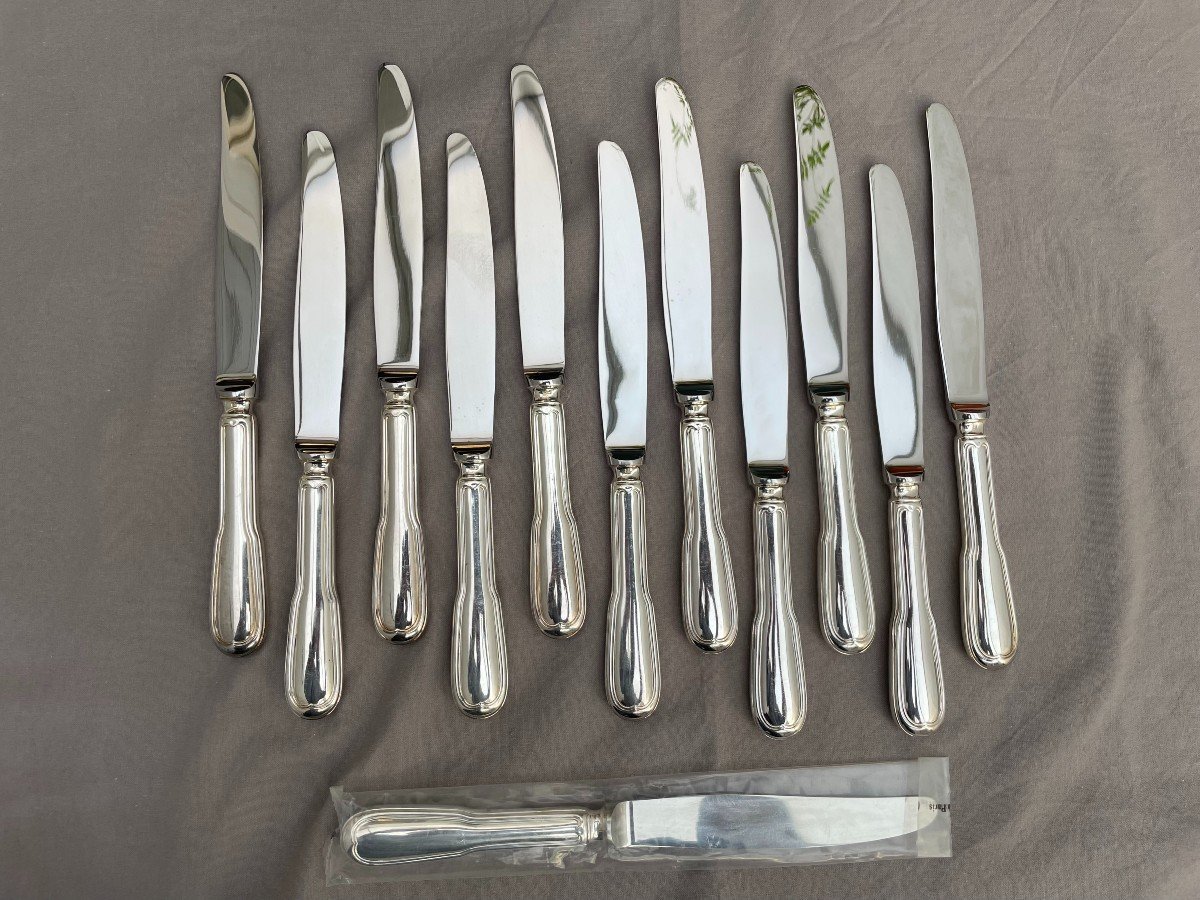 Christofle Set Of 12 Silver Metal Table Knives Chinon Model Stainless Steel Blades 24.5cm -photo-3