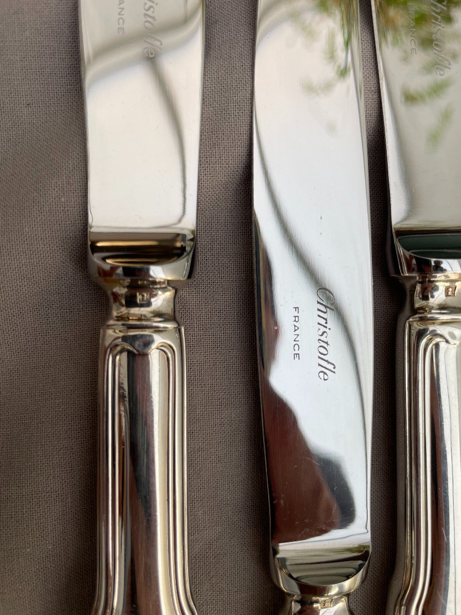 Christofle Set Of 12 Silver Metal Table Knives Chinon Model Stainless Steel Blades 24.5cm -photo-4