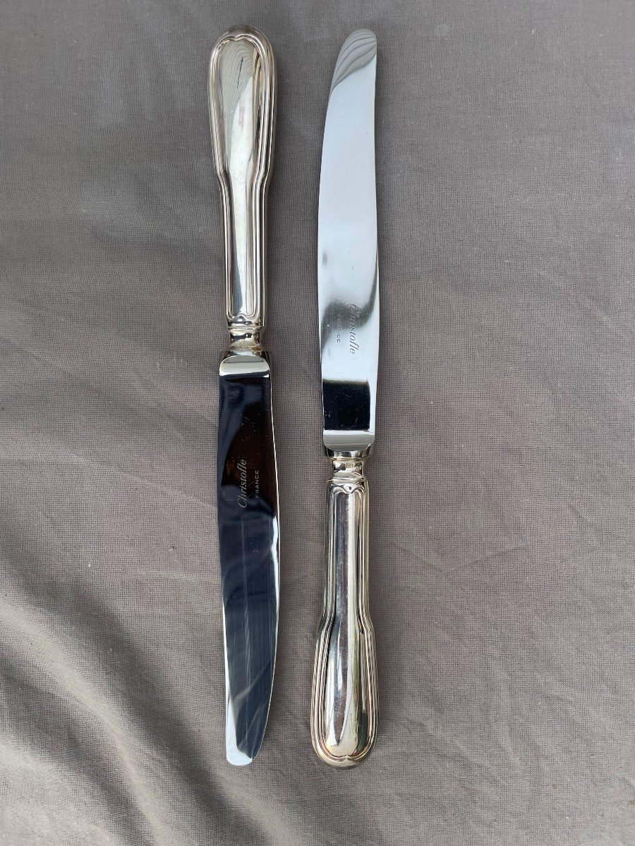 Christofle Set Of 12 Silver Metal Table Knives Chinon Model Stainless Steel Blades 24.5cm -photo-5