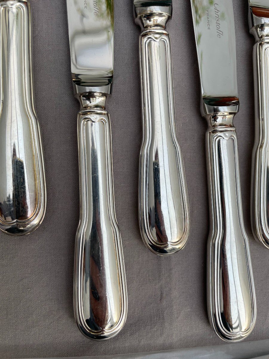 Christofle Set Of 12 Silver Metal Table Knives Chinon Model Stainless Steel Blades 24.5cm -photo-6