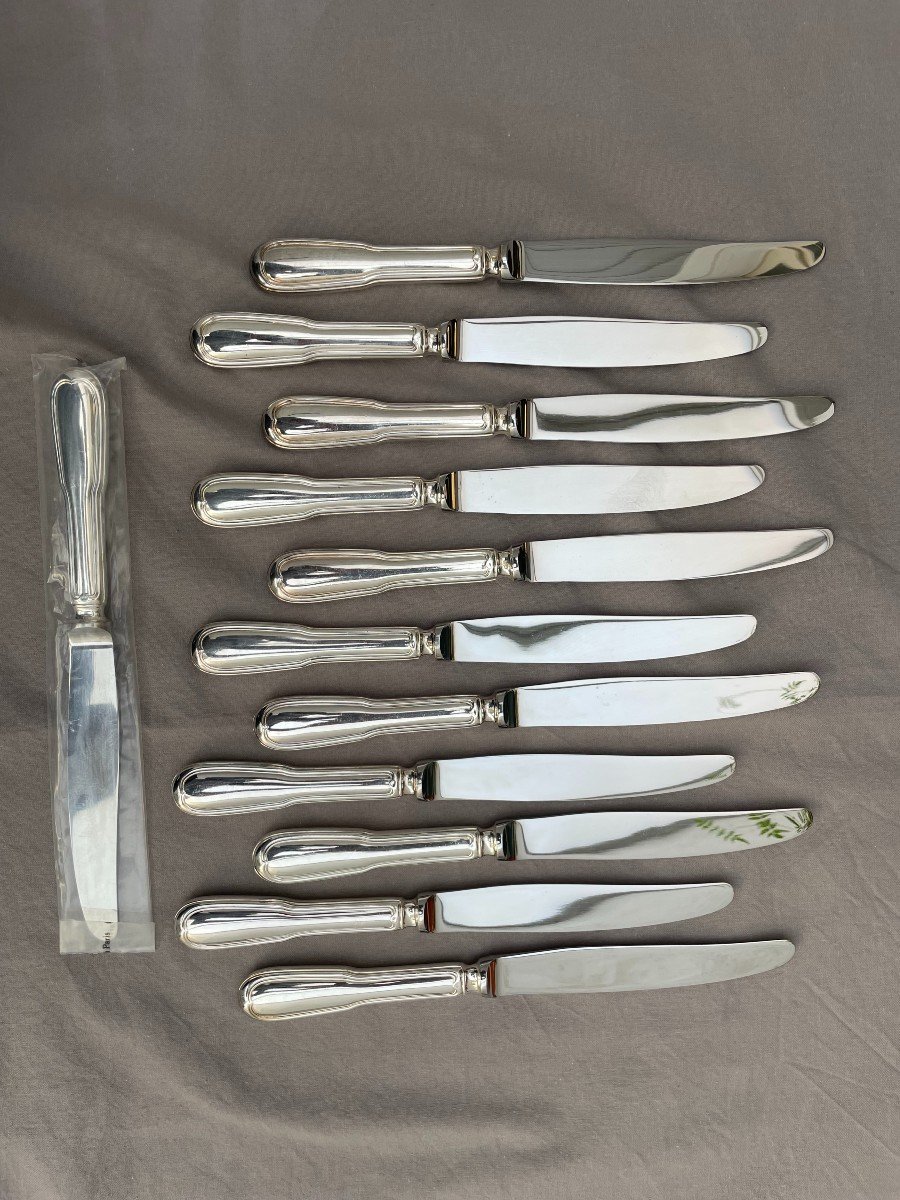 Christofle Set Of 12 Silver Metal Table Knives Chinon Model Stainless Steel Blades 24.5cm -photo-7