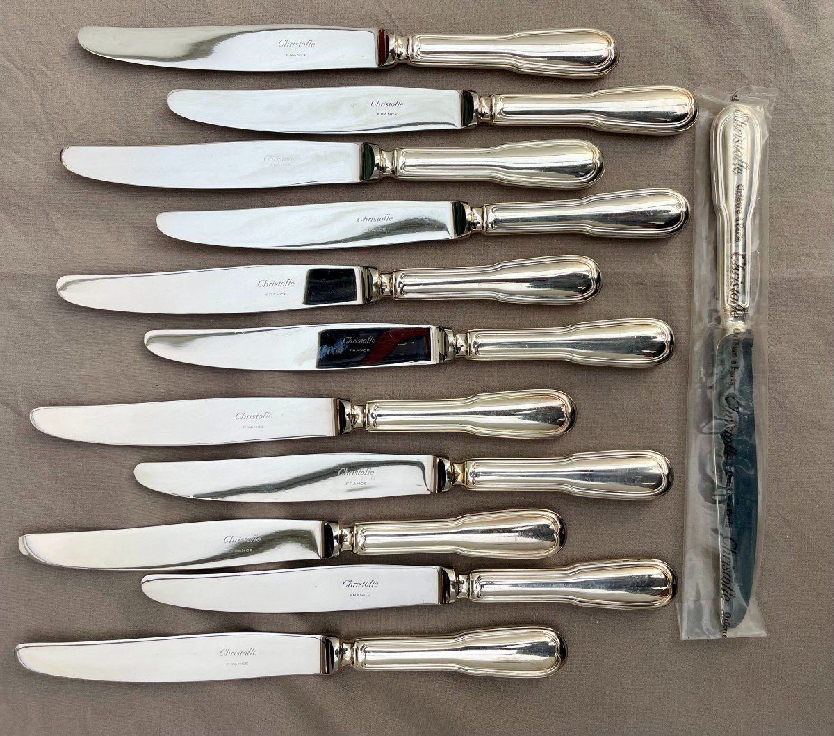Christofle Set Of 12 Silver Metal Table Knives Chinon Model Stainless Steel Blades 24.5cm 